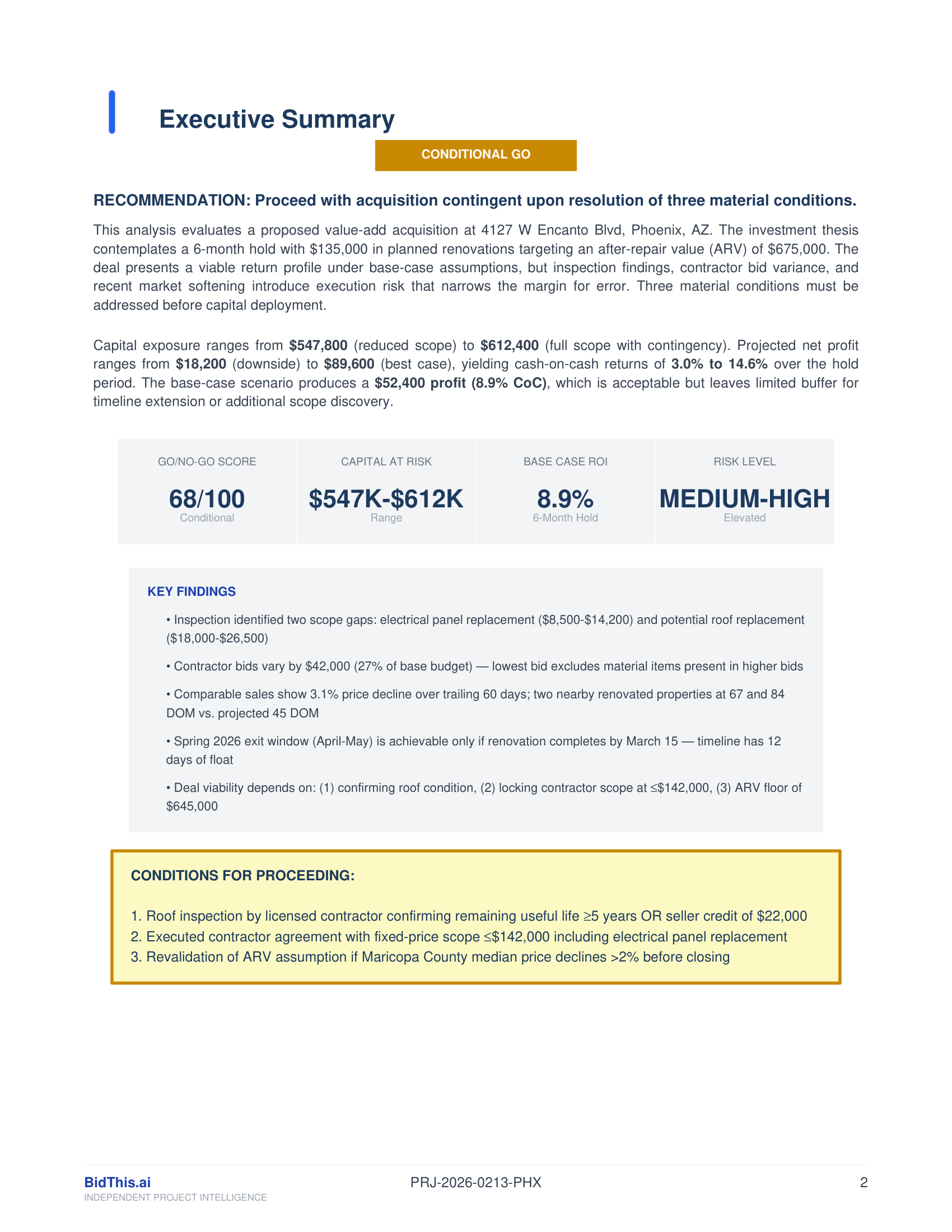 Deal review executive summary with capital at risk, base case ROI, and key findings locked at commitment