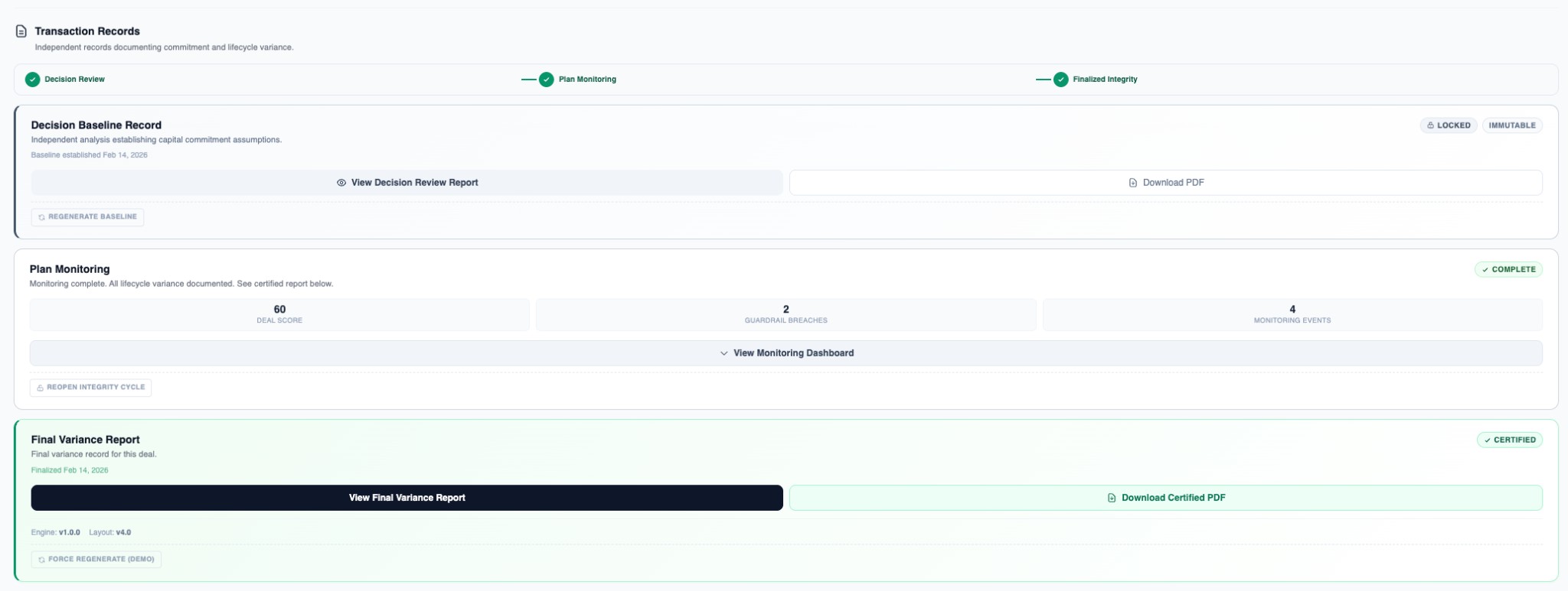Transaction Records showing full lifecycle: Decision Baseline Record locked and immutable, Plan Monitoring complete with deal score and guardrail breaches, Final Variance Report certified